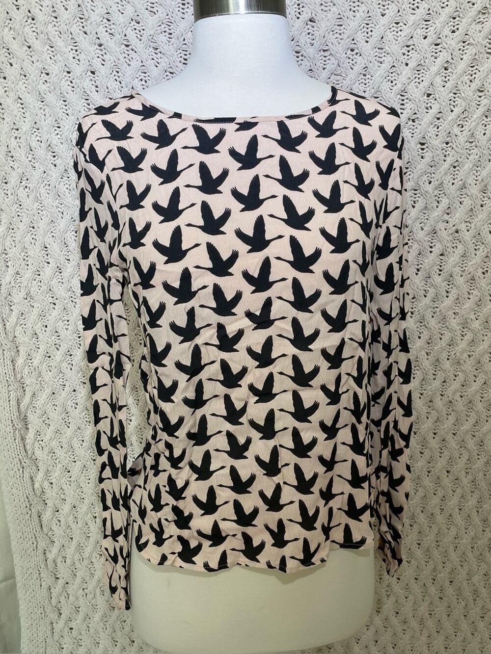 H&M woman Pale Pink Long Sleeve Top with Black Bird Print size 2
